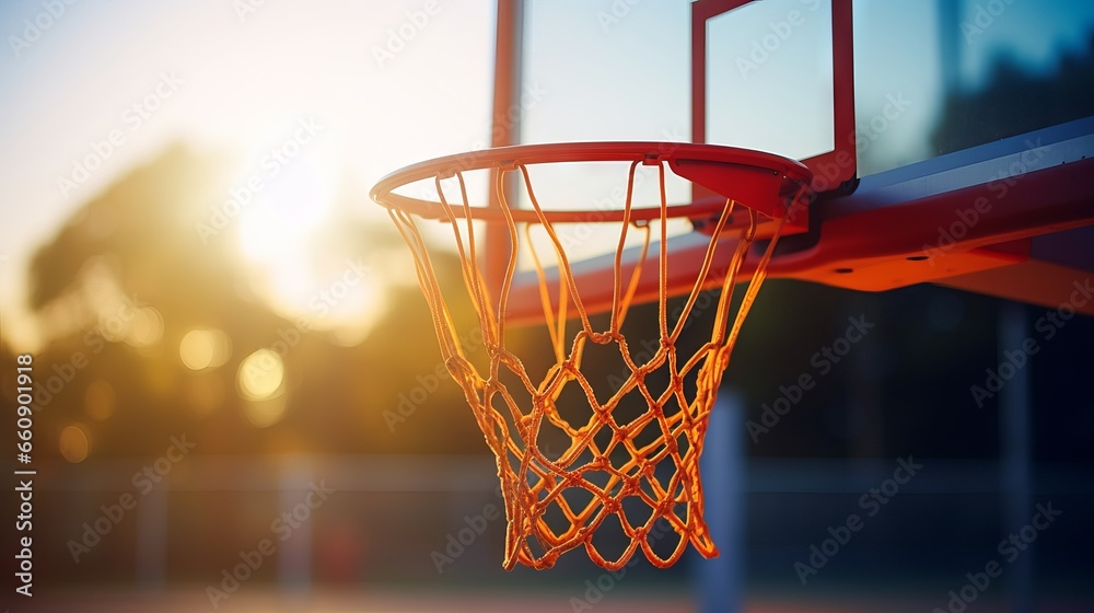 Basketball in hoop with blue sky background