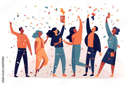 Happy celebrating people at party, flat illustration, Generative AI
