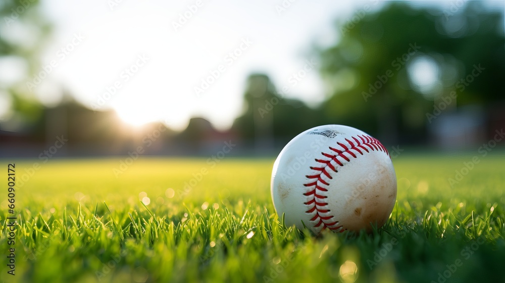 Close-up of a baseball ball on a green grass lawn with sunlight and shadows