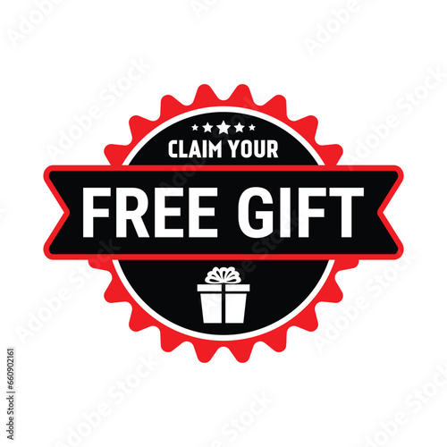 Claim Your Free Gift Box Icon Badge Vector Illustration, Gift Box Symbol, Marketing And Campaign Design Elements, Emblem, Label, Sticker, T Shirt Design Elements For Social Media Promotional Products