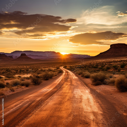 Dirt road winding through desert with setting sun casting golden light on landscape, mesas in distance, under a clouded sky