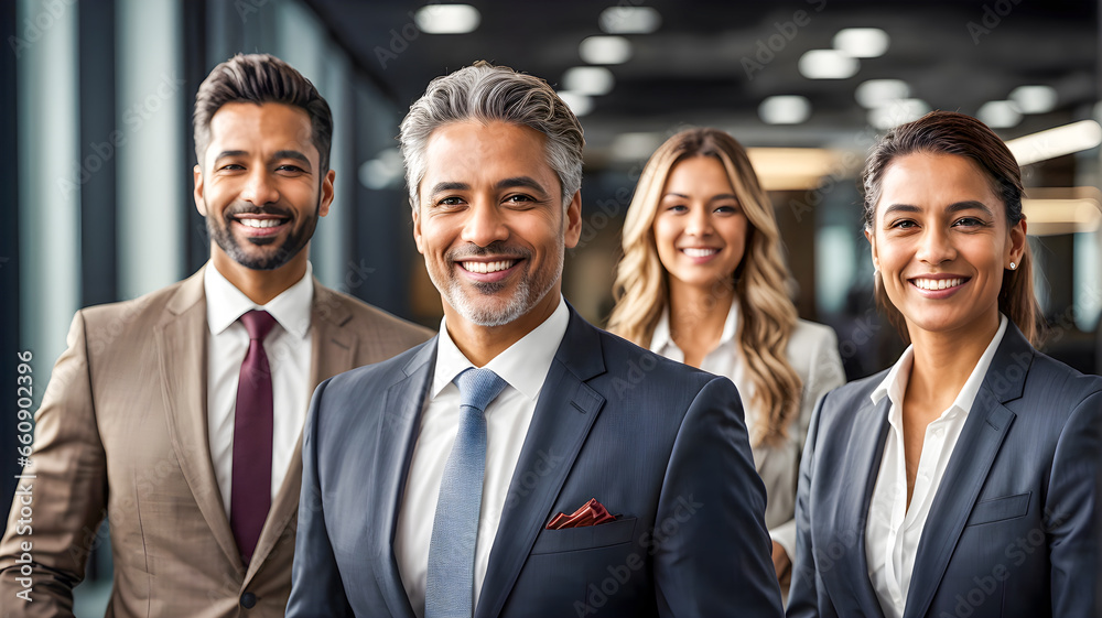 Business person in formal suit smiling confident and vision in modern interior office background