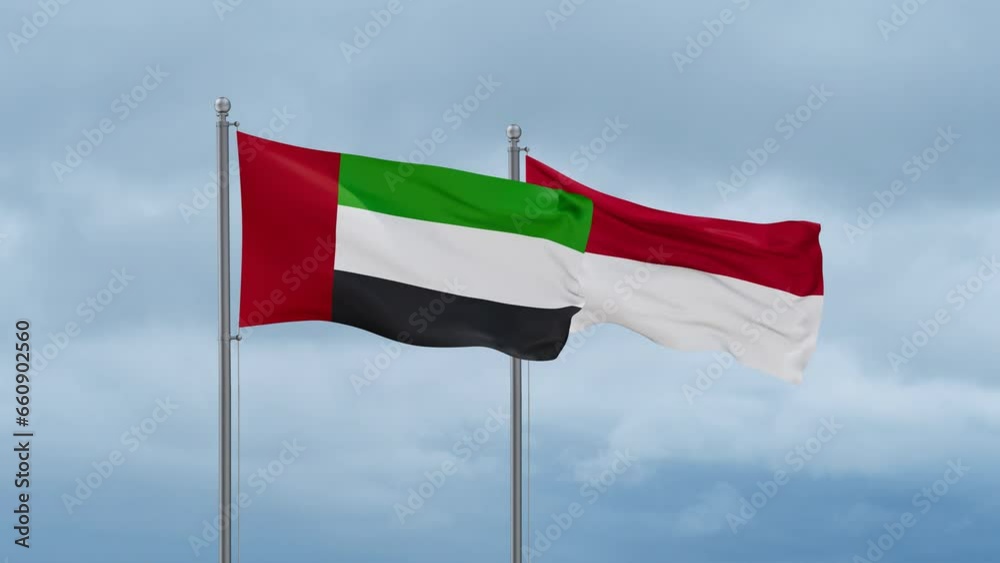 Indonesia flag and United Arab Emirates UAE flag waving together on cloudy sky, endless seamless loop, two country relations concept Indonesia flag and United Arab Emirates UAE flag waving together on cloudy sky, endless seamless loop, two country relations concept