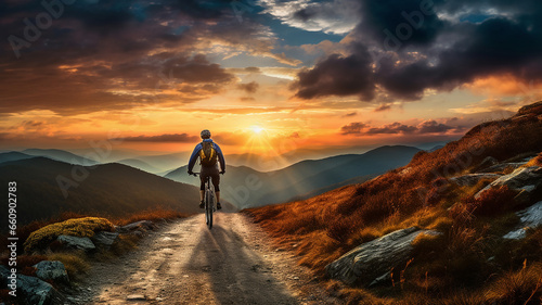 man riding bicycle on mountain path at sunrise in the morning.