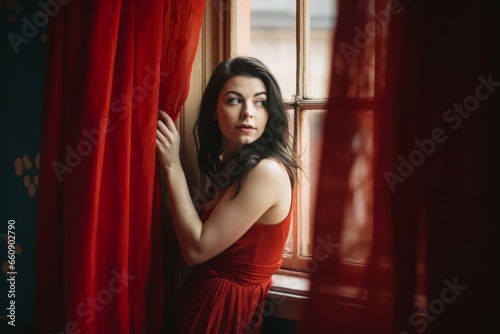 Woman window stand. Girl in red dress home standing. Generate Ai