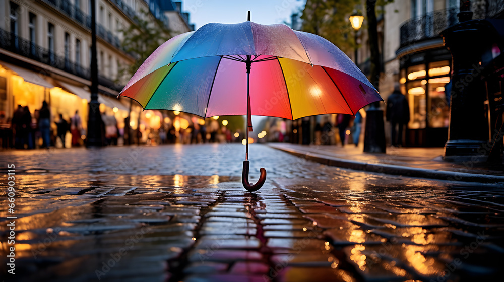 un parapluie ouvert dans une rue pavée sous la pluie, sans personne