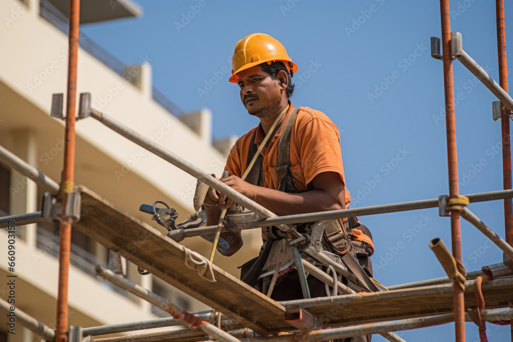 Indian worker working on construction site Indian worker working on construction site