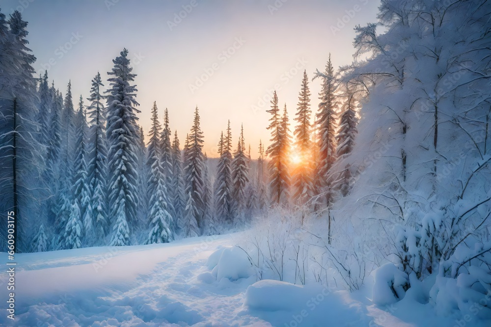 Naklejka premium A card featuring a snowy forest at dawn.