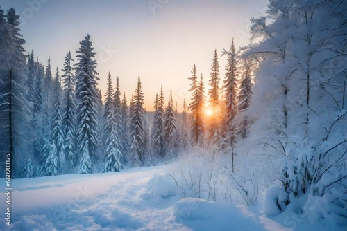 A card featuring a snowy forest at dawn. © shahzad