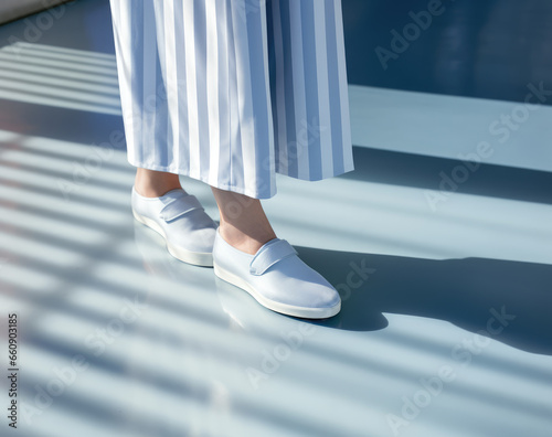a person's feet wearing slip on shoes with blue stripes
