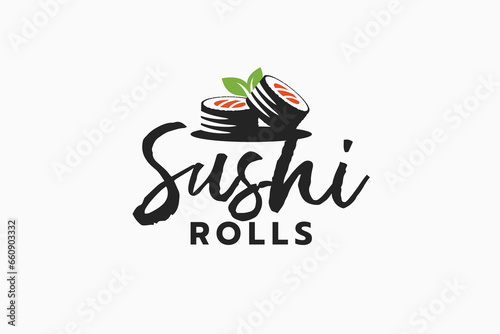 sushi rolls logo with a combination of rolls, leaves, and lettering for sushi bars, restaurants, cafes, etc.