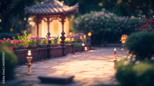 Photo of temple garden, sunset, temple, garden, flowers, golden hour, light bokeh, intricate, sharp focus, soft lighting, vibrant colors, masterpiece © usman