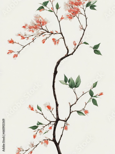 A cherry tree branch, hand-painted art, colorful, high contrast, flat white background