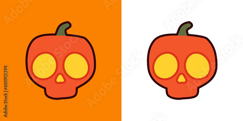 Logo con calabaza de Halloween con forma de calavera humana para su uso en invitaciones y tarjetas