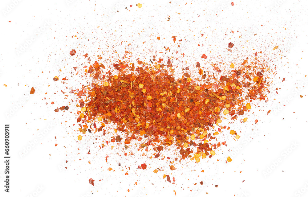 Spicy chili red pepper flakes, chopped, milled dry paprika pile isolated on white, top view - obrazy, fototapety, plakaty 