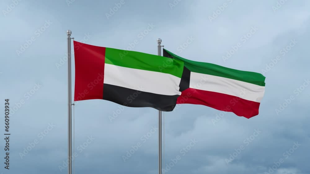 Kuwait and United Arab Emirates UAE flag waving together on cloudy sky, endless seamless loop, two country cooperation concept Kuwait and United Arab Emirates UAE flag waving together on cloudy sky, endless seamless loop, two country cooperation concept