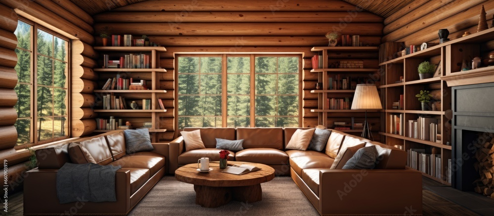 Wood ceiling in log cabin living room With copyspace for text - obrazy, fototapety, plakaty 
