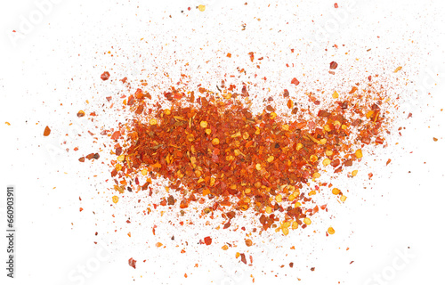 Spicy chili red pepper flakes, chopped, milled dry paprika pile isolated on white, top view photo