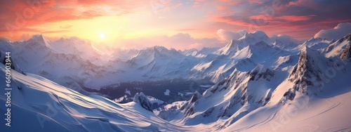 Snowy mountain range during the golden hour photo realistic illustration - Generative AI.