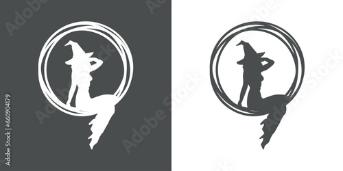 Logo con marco circular con líneas con silueta de bruja sexy sentada con sombrero para su uso en invitaciones y tarjetas de Halloween