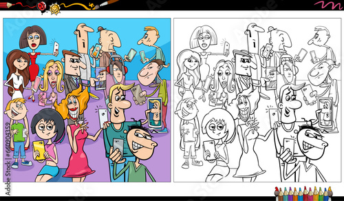 comic people characters group with smart phones coloring page