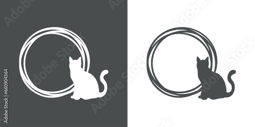 Logo con marco circular con líneas con silueta de gato negro sentado