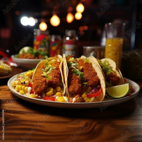 Tacos with corn and sauce on a wooden plate on a black background