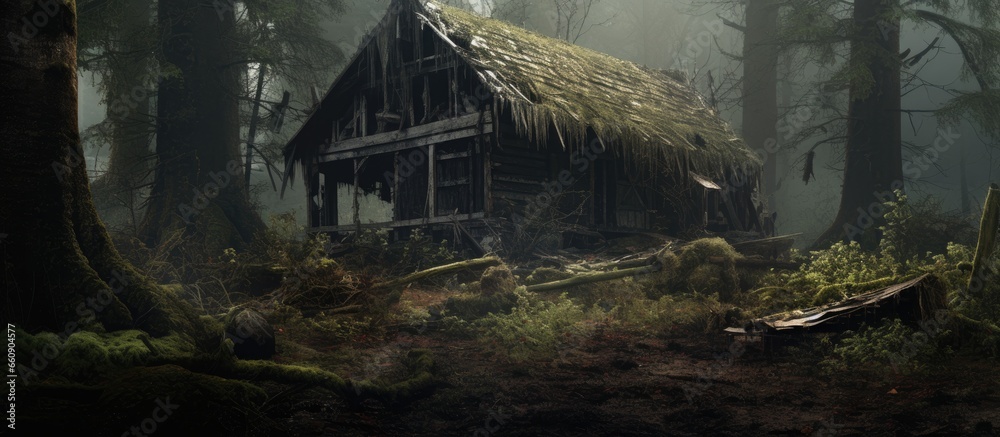 Woodland dwelling left behind With copyspace for text - obrazy, fototapety, plakaty 