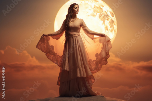 Beautiful indian woman standing on moon background