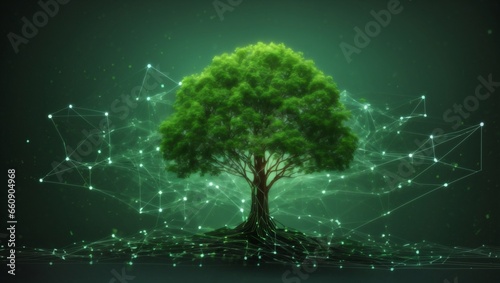growing internet startup , with green tree growing from network of data and information

