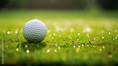 Macro shot of golf ball on course with shallow depth of field