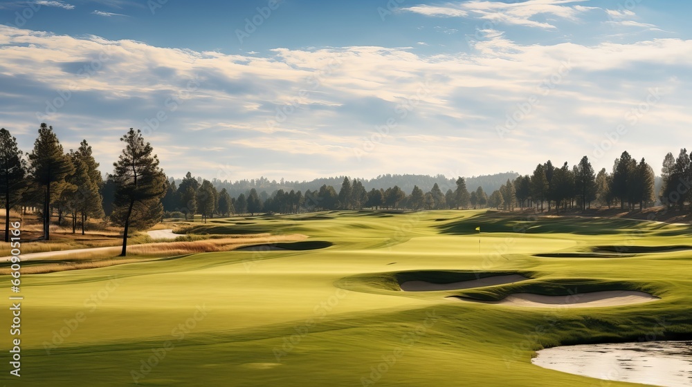 Idyllic golf course landscape with pristine greens and clear blue sky