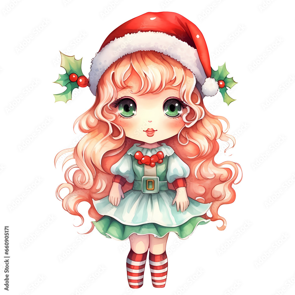 Watercolor Santa Elves Girl Christmas Clipart Illustration Watercolor Santa Elves Girl Christmas Clipart Illustration