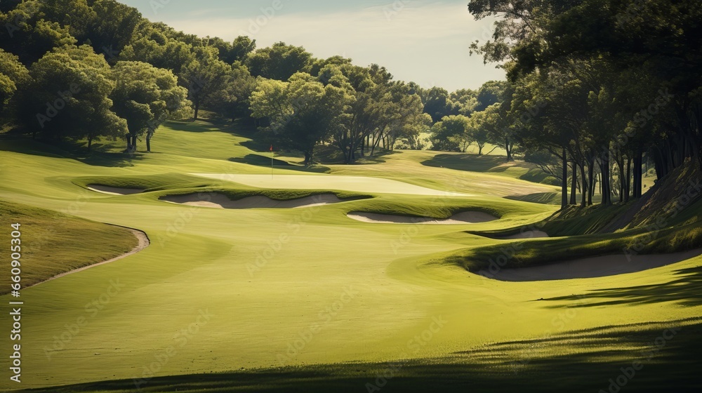 Fototapeta premium Idyllic golf course landscape with pristine greens and clear blue sky