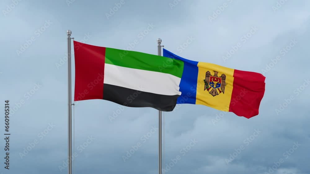 Moldova and United Arab Emirates UAE flag waving together on cloudy sky, endless seamless loop, two country cooperation concept Moldova and United Arab Emirates UAE flag waving together on cloudy sky, endless seamless loop, two country cooperation concept