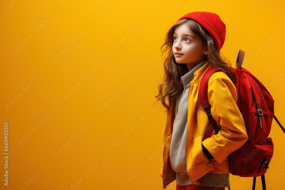 Little school girl standing with backpack and thinking Little school girl standing with backpack and thinking