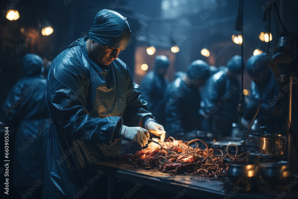 Young man wearing apron and working at factory Young man wearing apron and working at factory