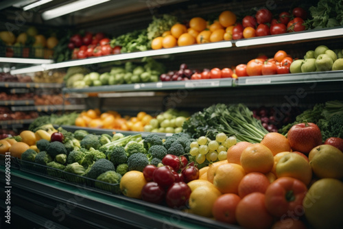 Fruits and vegetables in the refrigerated shelf of a supermarket photo