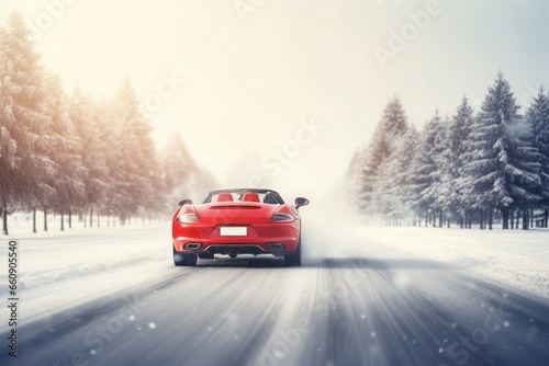 Red car winter. Snowy forest and roadway auto travelling. Generate ai