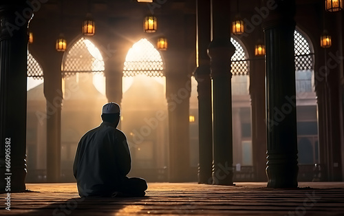 Muslim man praying inside the mosque with islamic ramadan kareem at morning sunset prayer mosque background.