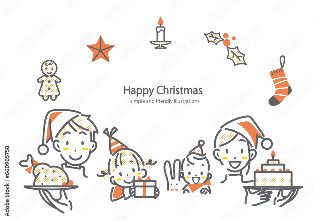 クリスマスを楽しむ4人家族のフレーム　シンプルでお洒落な線画イラスト