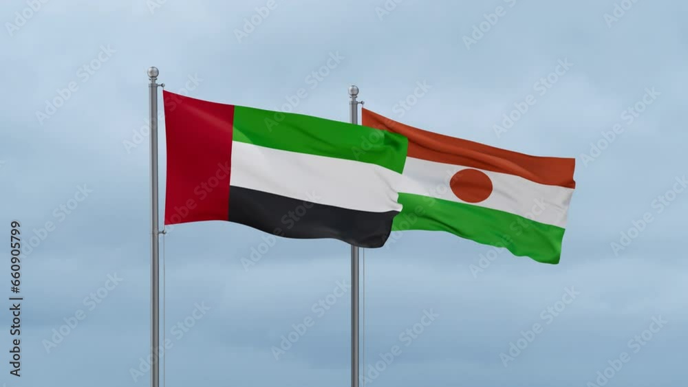 Niger flag and United Arab Emirates UAE flag waving together on cloudy sky, endless seamless loop, two country relations concept Niger flag and United Arab Emirates UAE flag waving together on cloudy sky, endless seamless loop, two country relations concept