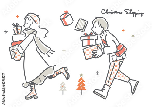 クリスマスショッピングを楽しむカップル　シンプルでお洒落な線画イラスト