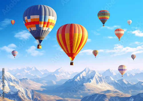 Hot air balloons on summer sunny day flight with mountains view.Macro.AI Generative © DenisMArt