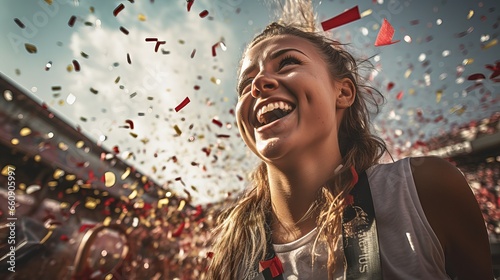 Happy female footballer celebrating victory with confetti on green field photo