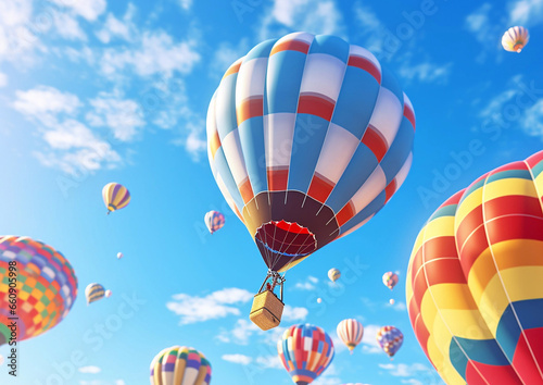 Various color hot air balloons flying in blue sky in sunny summer day.Macro.AI Generative