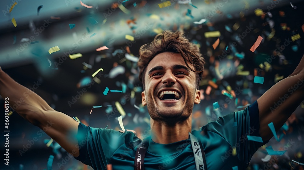 Joyful footballer celebrating victory with colorful confetti in the air - obrazy, fototapety, plakaty 