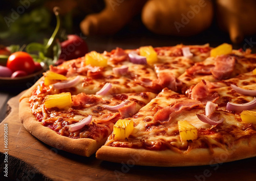 Oven baked hawaiian pizza with ham and pineapples on wooden table.Macro.AI Generative