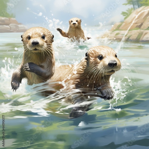 Playful otters on a white riverbank © TeodoroInnovateArts
