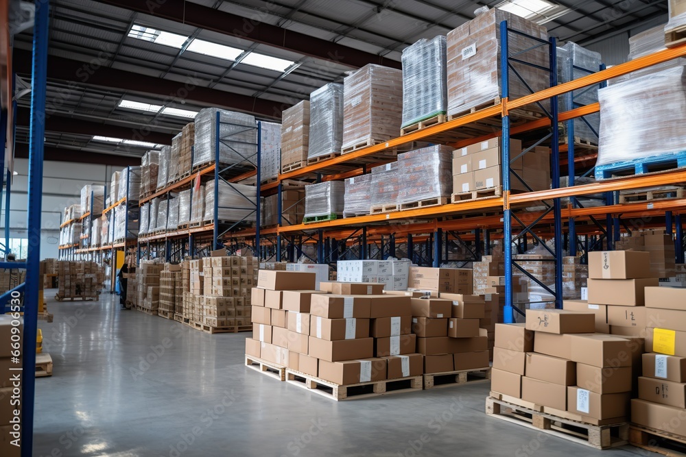 Warehouse interior with shelves and boxes in a large modern warehouse. Warehouse interior with shelves and boxes in a large modern warehouse.